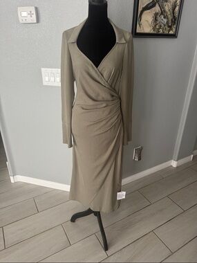 ASOS DESIGN 70s Drape Front Wrap Midi Dress in Khaki